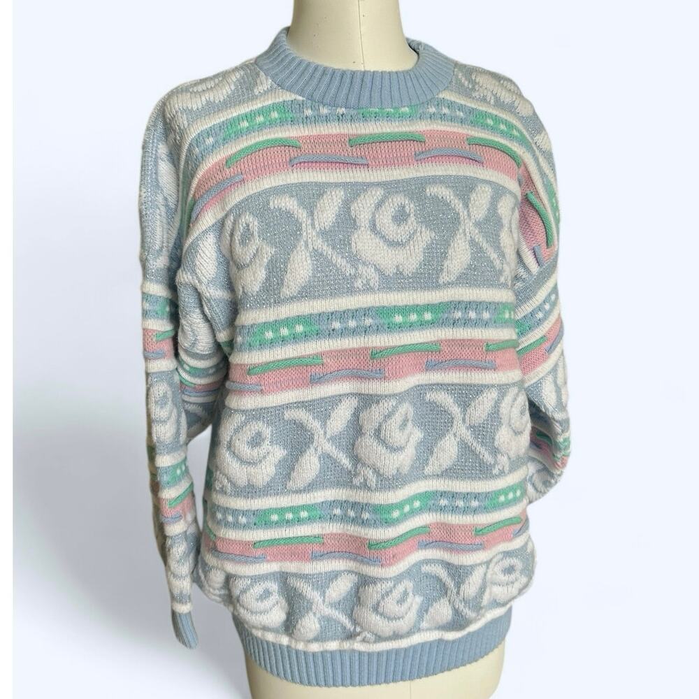 Vintage ROSE 80s Chunky Knit Sweater Pastel Sparkle Coogi Style Fairy Kei M/L - Picture 9 of 10